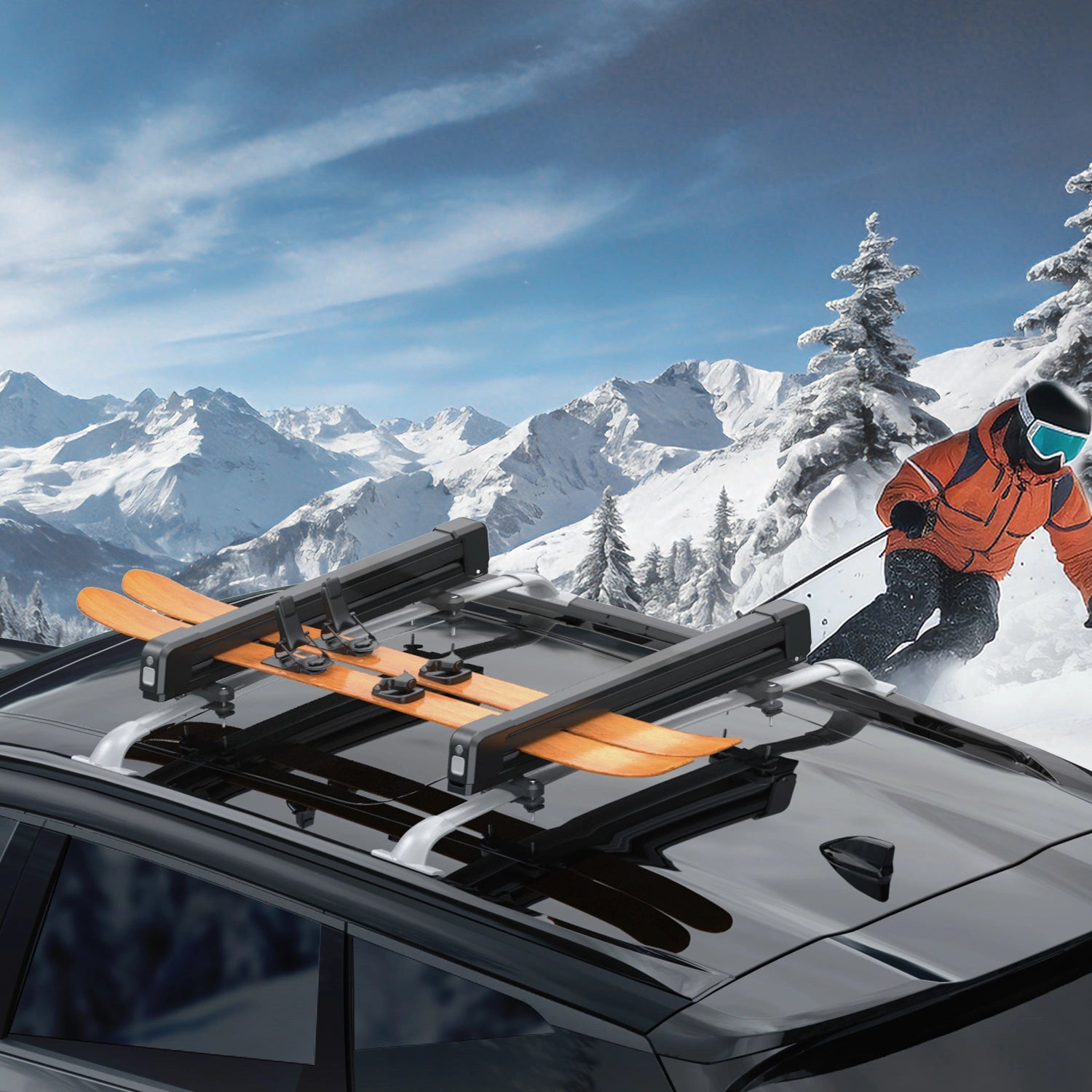 Ski Boards Roo Rack Black Universal Mount Lockable Ski & Snowboard Roof Rack Carriers Cros ...