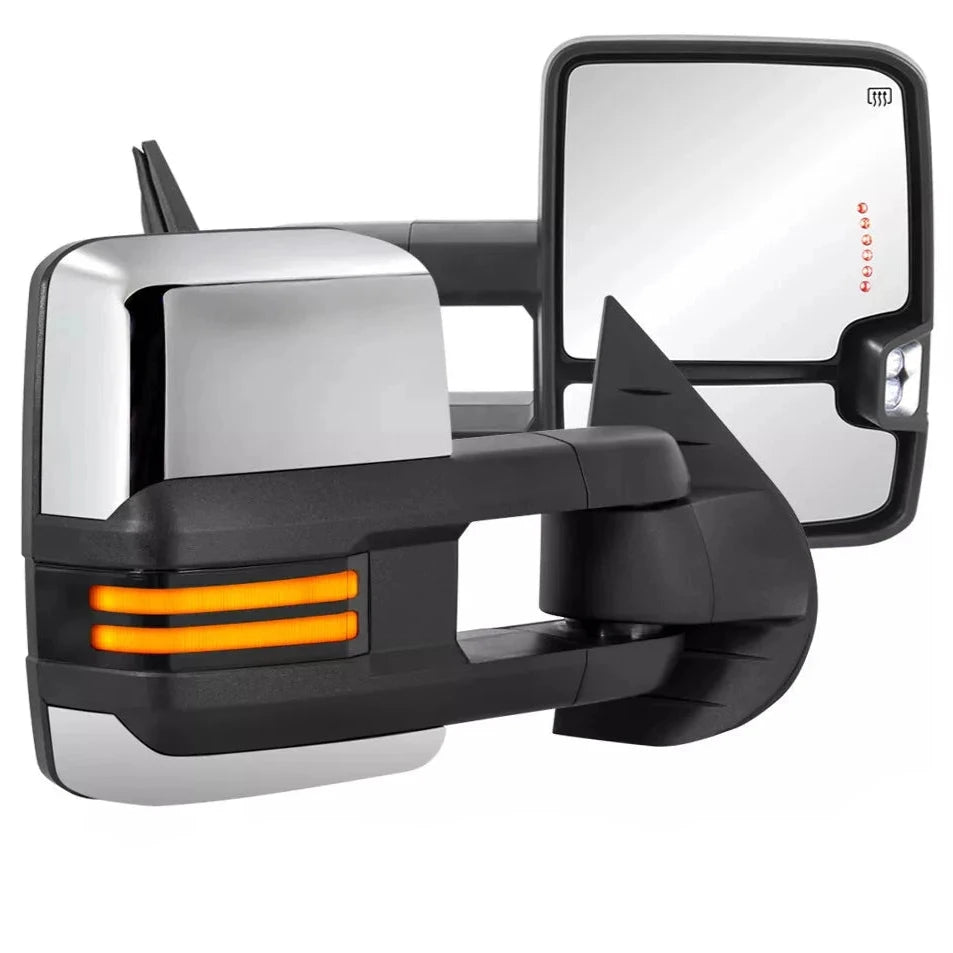 Chrome Power Folding Tow Mirrors For 2007-2013 Silverado Sierra 1500 w/Switchback Turn Signal, Clearance Lamps, White Running Lights