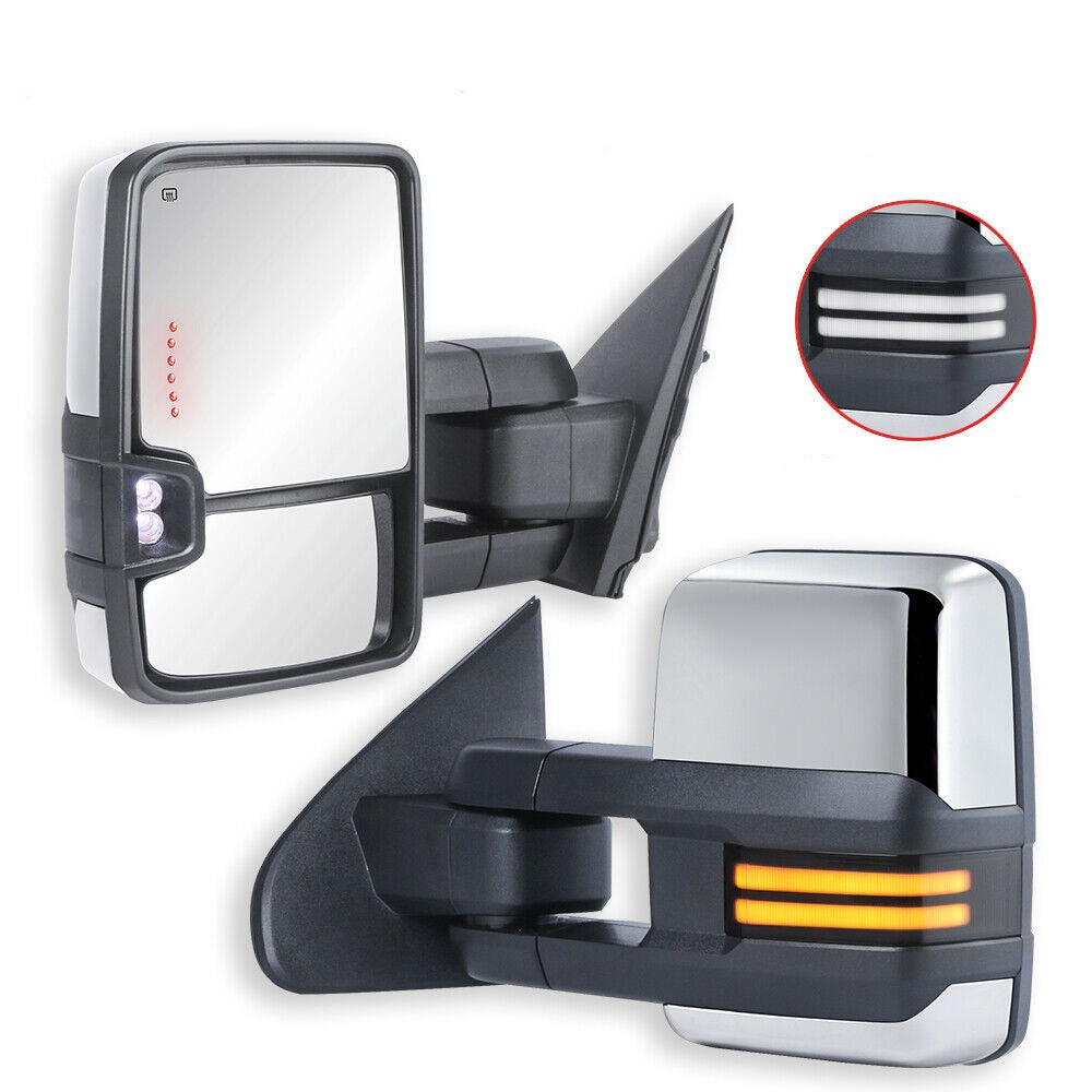 Chrome Power Folding Switchback Tow Mirrors For 2014-2018 Silverado Sierra 1500 w/ White Running Light (Set of 2)