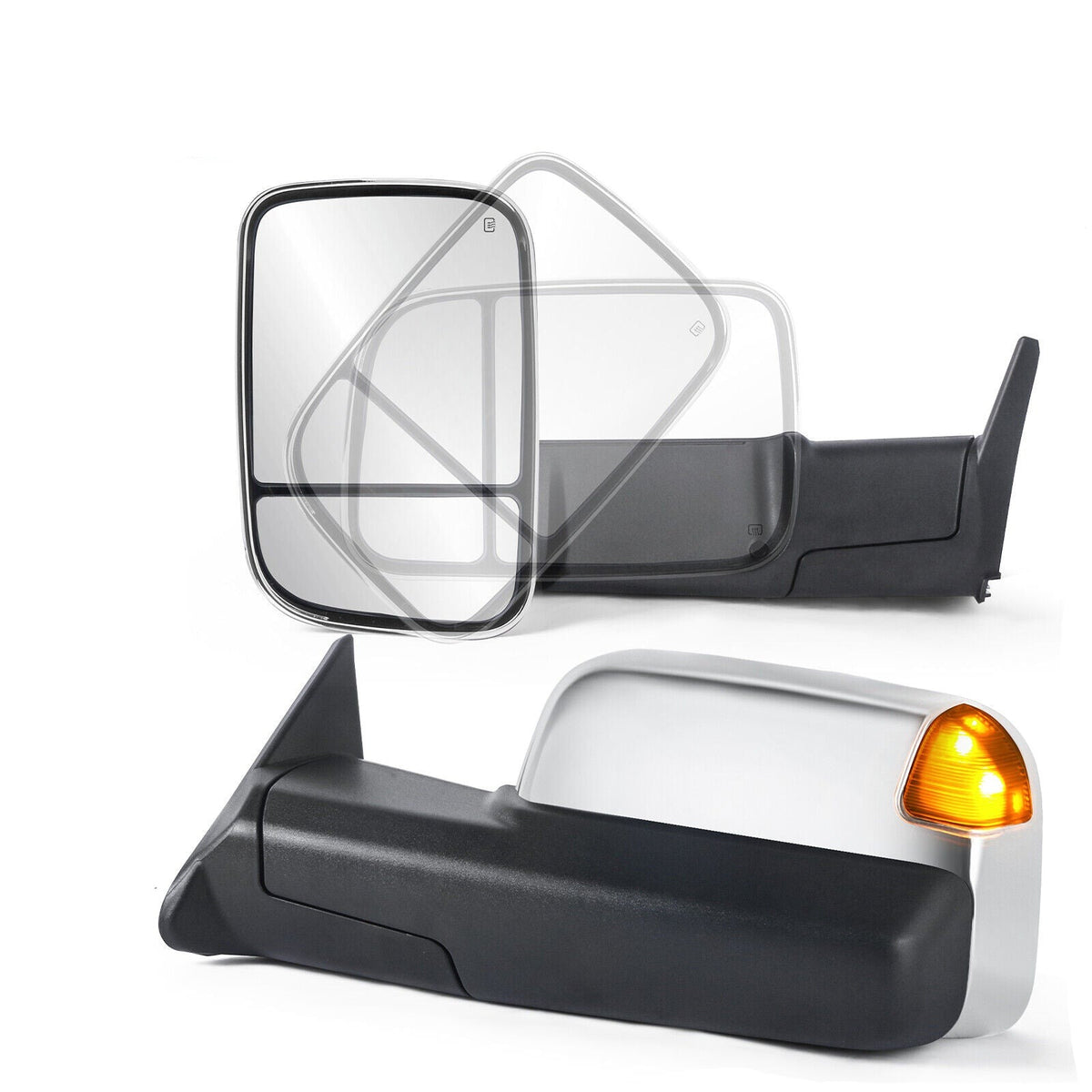 Chrome Power Heated Tow Mirrors For w/ White Running Light 1998-2001 Dodge Ram 1500 2500 3500 2pcs