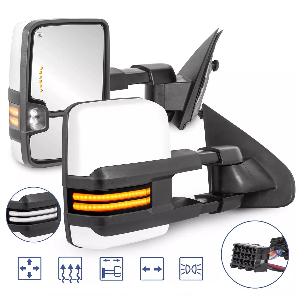 White Painted Power Heated Switchback Tow Mirrors w/ White Running Lights For 1999-2002 Silverado Sierra 2000-2002 Yukon (Set of 2)