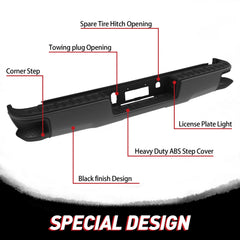 Black Steel Rear Bumper For 2014-2018 Chevy Silverado GMC Sierra 1500 w/o Sensor Holes