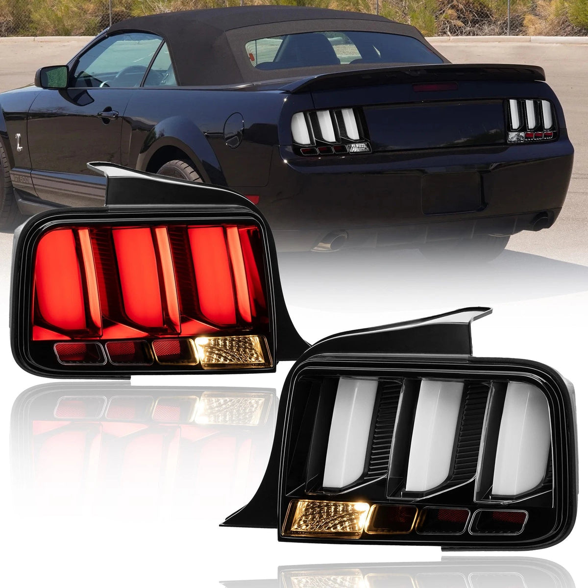 Black Sequential Tail Lights For 2005-2009 Ford Mustang w/LED Tube Signal Brake Lamps LH+RH