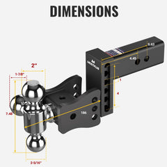 4" Adjustable Iron Trailer Tow Hitch with 2.5" Receiver 1-7/8", 2" & 2-5/16" Tri-Ball Mount, 20000 LBS GTW For Most Truck & SUV