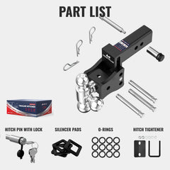 4" Adjustable Iron Trailer Tow Hitch with 2.5" Receiver 1-7/8", 2" & 2-5/16" Tri-Ball Mount, 20000 LBS GTW For Most Truck & SUV