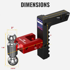 8" Adjustable Aluminium Trailer Tow Hitch with 2" Receiver 2" & 2-5/16" Dual Ball Mount, 12500 LBS GTW For Most Truck & SUV