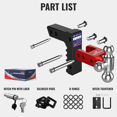 6" Adjustable Aluminium Trailer Tow Hitch with 2" Receiver 1-7/8", 2" & 2-5/16" Tri-Ball Mount, 12500 LBS GTW For Most Truck & SUV