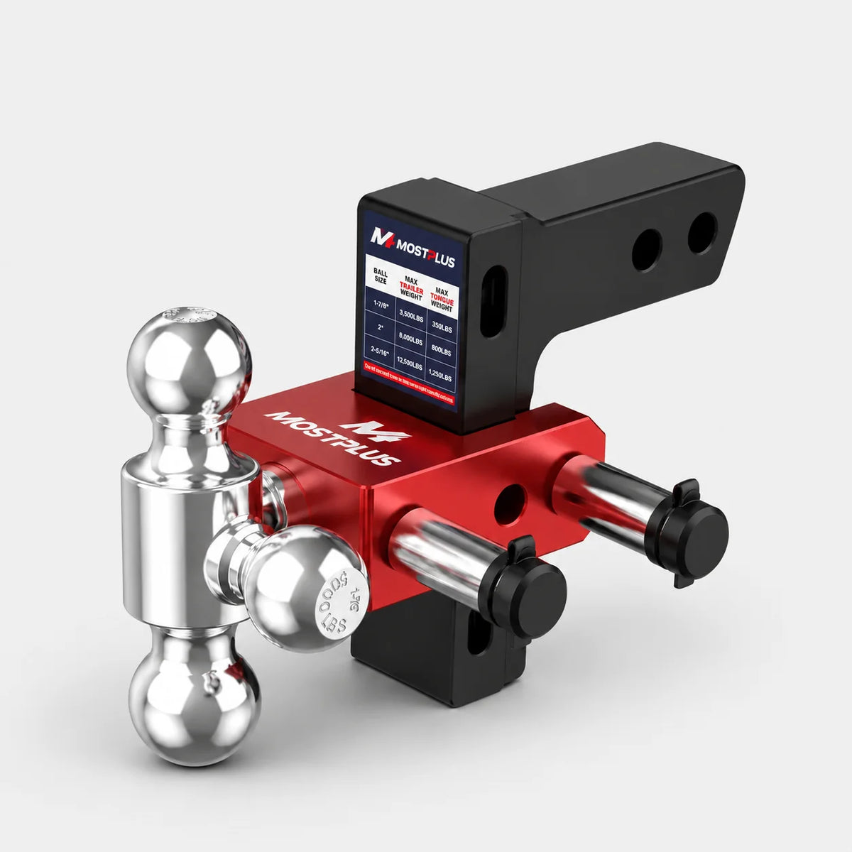 6" Adjustable Aluminium Trailer Tow Hitch with 2" Receiver 1-7/8", 2" & 2-5/16" Tri-Ball Mount, 12500 LBS GTW For Most Truck & SUV