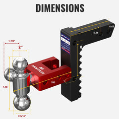 8" Adjustable Aluminium Trailer Tow Hitch with 2" Receiver 1-7/8", 2" & 2-5/16" Tri-Ball Mount, 12500 LBS GTW For Most Truck & SUV