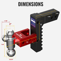 8" Adjustable Aluminium Trailer Tow Hitch with 2.5" Receiver 1-7/8", 2" & 2-5/16" Tri-Ball Mount, 18500 LBS GTW For Most Truck & SUV