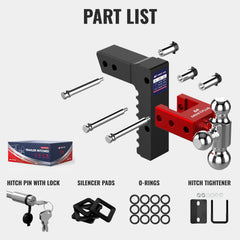 8" Adjustable Aluminium Trailer Tow Hitch with 2.5" Receiver 1-7/8", 2" & 2-5/16" Tri-Ball Mount, 18500 LBS GTW For Most Truck & SUV