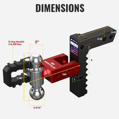 8" Adjustable Aluminium Trailer Tow Hitch with 2" Receiver 2" & 2-5/16" Dual Ball Mount, Tow Shackle, 8000-12500 LBS GTW For Most Truck & SUV