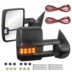 Black Power Heated Tow Mirrors For 2007-2013 Chevy Silverado Suburban Tahoe Avalanche/GMC Sierra Yukon with Power Glass, Turn Signal Light, Backup Lamp, Manual Extendable