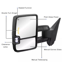 Black Power Heated Tow Mirrors For 2007-2013 Chevy Silverado Suburban Tahoe Avalanche/GMC Sierra Yukon with Power Glass, Turn Signal Light, Backup Lamp, Manual Extendable