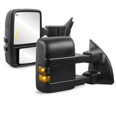 Black Tow Mirrors For 1999-2007 Ford F250 F350 F450 F550 Super Duty w/ Power Heated, Smoked Turn Signal LH+RH
