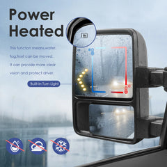 Black Tow Mirrors For 1999-2007 Ford F250 F350 F450 F550 Super Duty w/ Power Heated, Smoked Turn Signal LH+RH
