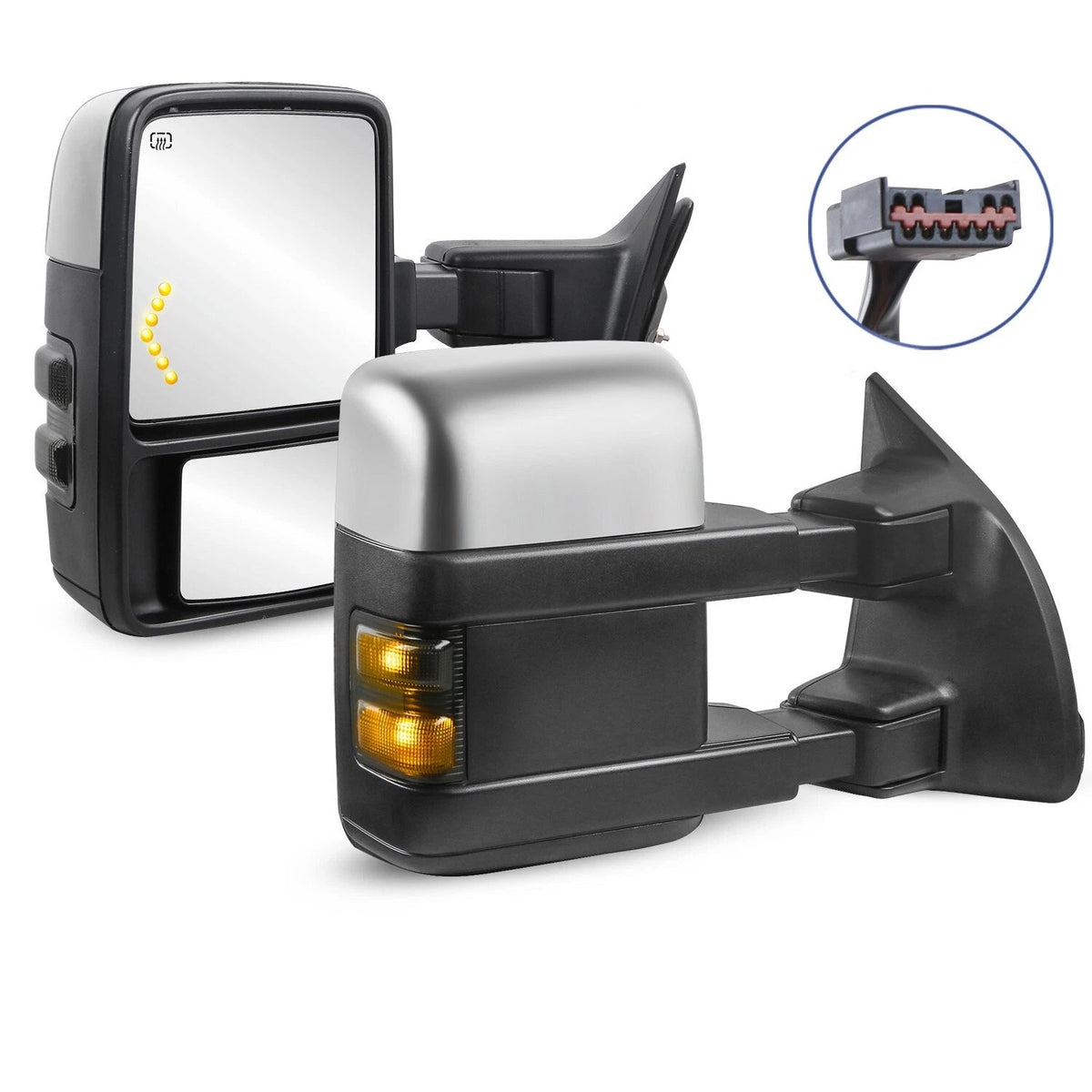 Pair Chrome Power Heated Tow Mirrors For 1999-2007 Ford F250 F350 F450 F550 Super Duty w/ Smoked Turn Signal Lights