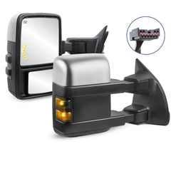 Pair Chrome Power Heated Tow Mirrors For 1999-2007 Ford F250 F350 F450 F550 Super Duty w/ Smoked Turn Signal Lights