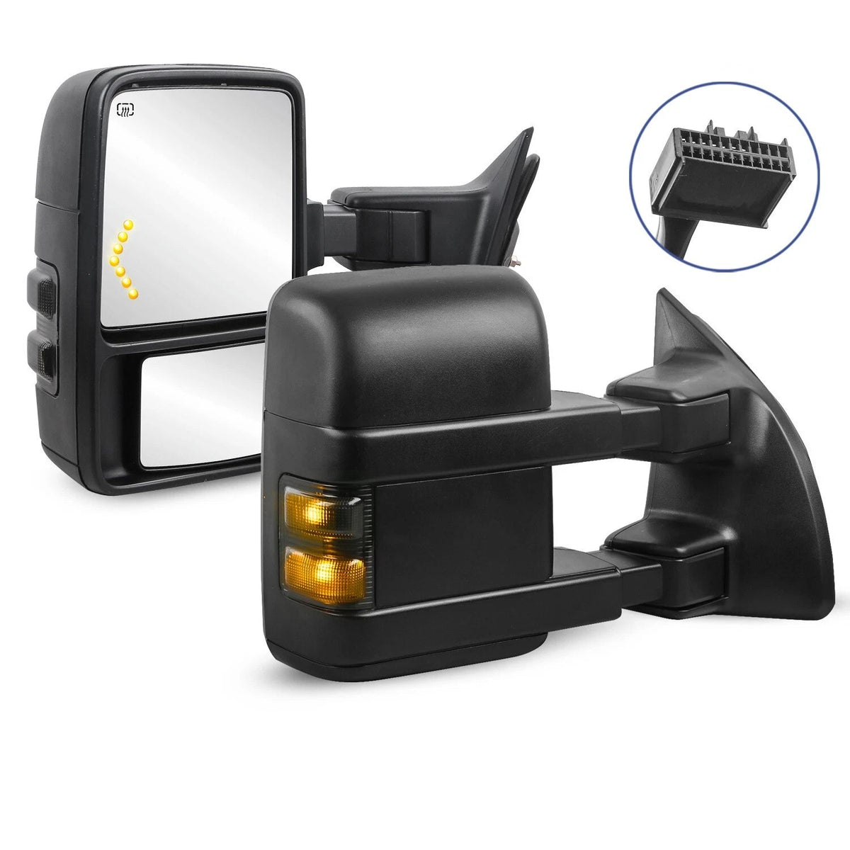 Pair Black Tow Mirrors For 2008-2016 Ford F250/F350/F450/F550 Super Duty w/ Power Heated, Smoked Turn Signal Lights
