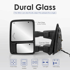 Pair Black Tow Mirrors For 2008-2016 Ford F250/F350/F450/F550 Super Duty w/ Power Heated, Smoked Turn Signal Lights