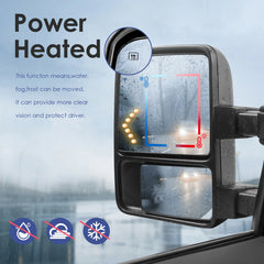 Pair Black Tow Mirrors For 2008-2016 Ford F250/F350/F450/F550 Super Duty w/ Power Heated, Smoked Turn Signal Lights