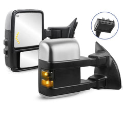Pair Chrome Power Heated Tow Mirrors For 2008-2016 Ford F250/F350/F450/F550 Super Duty w/ Smoked Turn Signal Lights