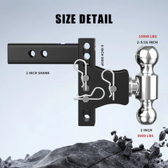 6" Adjustable Trailer Tow Hitch with 2" Receiver 2" & 2-5/16" Dual Ball Mount, 15000 LBS GTW For Most Truck & SUV
