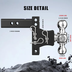 6" Adjustable Trailer Tow Hitch with 2" Receiver 1-7/8", 2" & 2-5/16" Tri-Ball Mount, 5000-15000 LBS GTW For Most Truck & SUV