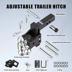 6" Adjustable Trailer Tow Hitch with 2" Receiver 1-7/8", 2" & 2-5/16" Tri-Ball Mount, 5000-15000 LBS GTW For Most Truck & SUV