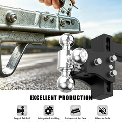 6" Adjustable Trailer Tow Hitch with 2" Receiver 1-7/8", 2" & 2-5/16" Tri-Ball Mount, 5000-15000 LBS GTW For Most Truck & SUV