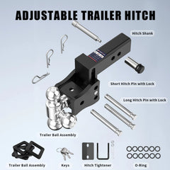 4" Adjustable Trailer Tow Hitch with 2.5" Receiver 1-7/8", 2" & 2-5/16" Tri-Ball Mount, 20000 LBS GTW For Most Truck & SUV