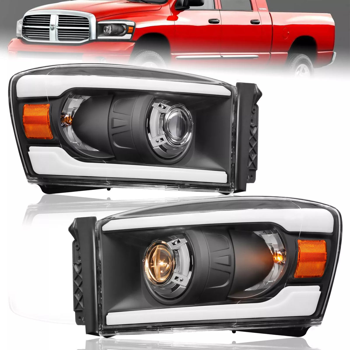 Black Housing Projector Headlights Assembly For 2006-2008 Dodge Ram 1500 2006-2009 Dodge Ram 2500 3500 2pcs