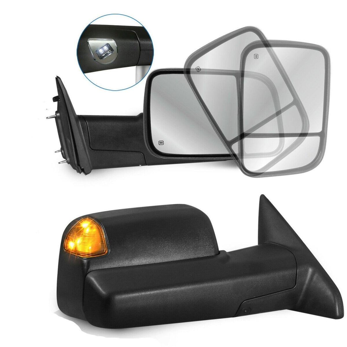 Black Power Heated Towing Mirrors For 2009-2018 Dodge Ram 1500 2010-2018 2500 3500, 2019-2023 Ram 1500 Classic With LED Turn Signal & Temp Sensor Pair(2)