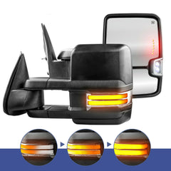 Black Power Heated Tow Mirrors For 1999-2002 GMC Sierra Chevy Silverado 1500/2500/3500 w/Dynamic Turn Light, Clearance Lamps, Amber Running Lights