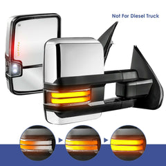 Chrome Power Heated Tow Mirrors For 2014-2018 Chevy Silverado GMC Sierra w/Sequential Turn Light, Clearance Lamps, Running Light (Set of 2)