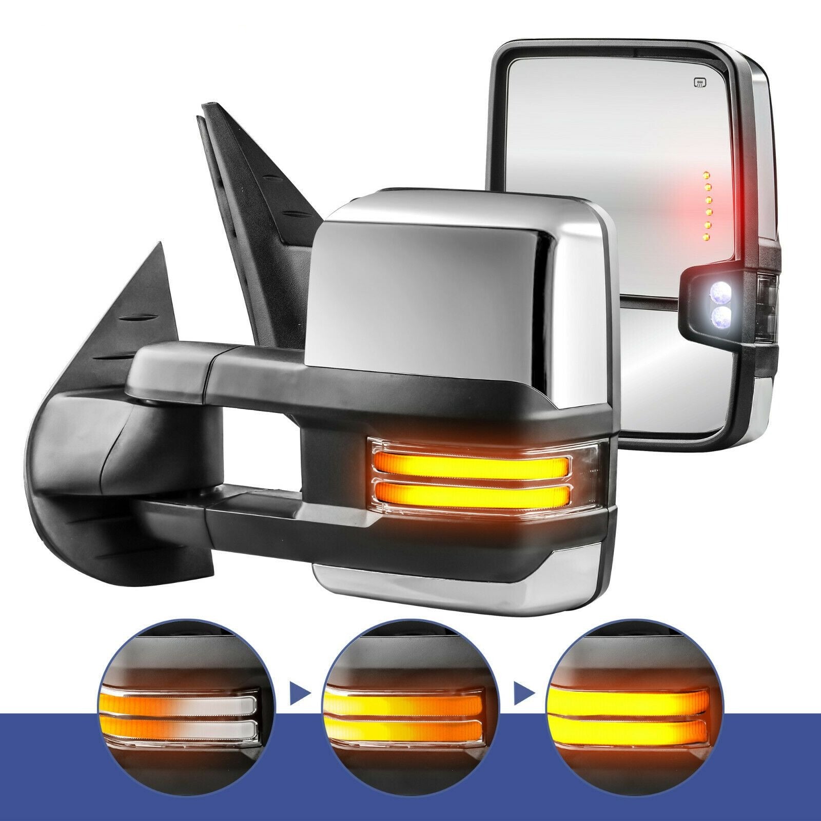 Chrome Power Heated Towing Mirrors With Dynamic Running Lights For 07-14 Chevy Silverado/GMC Sierra