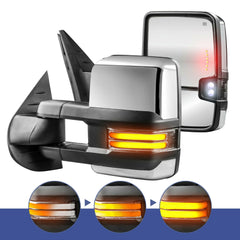 For 2007-2013 Chevrolet Silverado Tahoe/GMC Sierra Chrome Power Heated Manual Extendable Tow Mirrors w/ LED Sequential Turn Signal & Amber Running Light & Clearance Lights