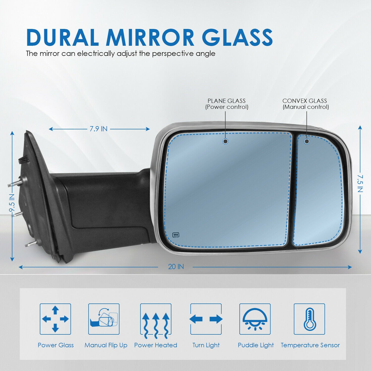 For 09-18 Ram - Pair Towing Mirrors W/ Power Fold/Temp Sensor & Heat/Turn Signal