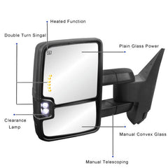 Black Power Heated Tow Mirrors For 2007-2013 Chevy Silverado Suburban Tahoe Avalanche/GMC Sierra Yukon with Power Glass, Turn Signal Light, Backup Lamp, Extendable