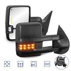 Black Power Heated Tow Mirrors For 2007-2013 Chevy Silverado Suburban Tahoe Avalanche/GMC Sierra Yukon with Power Glass, Turn Signal Light, Backup Lamp, Extendable