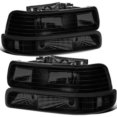 Black Housing Smoke Headlight Assembly & Bumper Lights For 1999-2002 Chevy Silverado 1500 2500/2001-2002 Chevy Silverado 1500HD 2500HD 3500/2000-2006 Suburban Tahoe