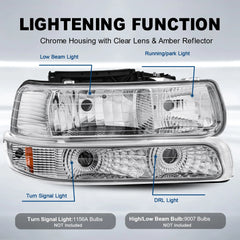 Headlight Assembly For 1999-2002 Chevrolet Silverado 1500 2500 2000-2006 Suburban 1500 2500 Tahoe Front Lamp with Chrome Housing/Clear Lens/Amber Reflector