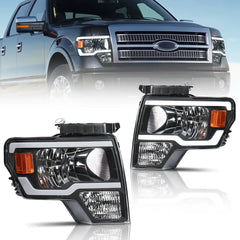 Headlight Assembly Compatible with 2009-2014 Ford F150 Front Lamp with LED DRL-Black Housing/Clear Lens/Amber Reflector