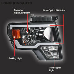 Headlight Assembly Compatible with 2009-2014 Ford F150 Front Lamp with LED DRL-Black Housing/Clear Lens/Amber Reflector