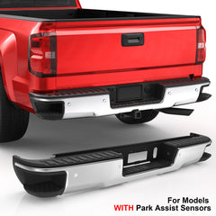 Chrome Steel Rear Bumper For 2014-2018 Chevy Silverado GMC Sierra 1500 w/Conner Steps & Parking Sensor Holes