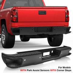 Black Rear Bumper For 2014-2018 Chevy Silverado GMC Sierra 1500 w/ Park Assist Sensor & Corner Step