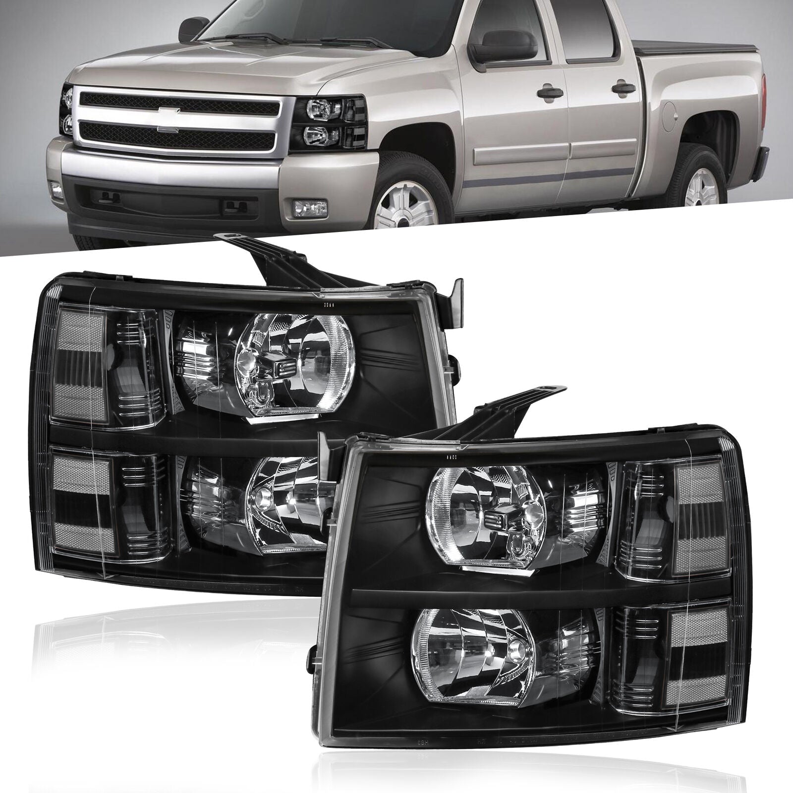 Headlight Assembly For 2007-2013 Chevrolet Silverado 1500 2500HD 3500HD Front Lamp with Black Housing/Clear Lens/Clear Reflector