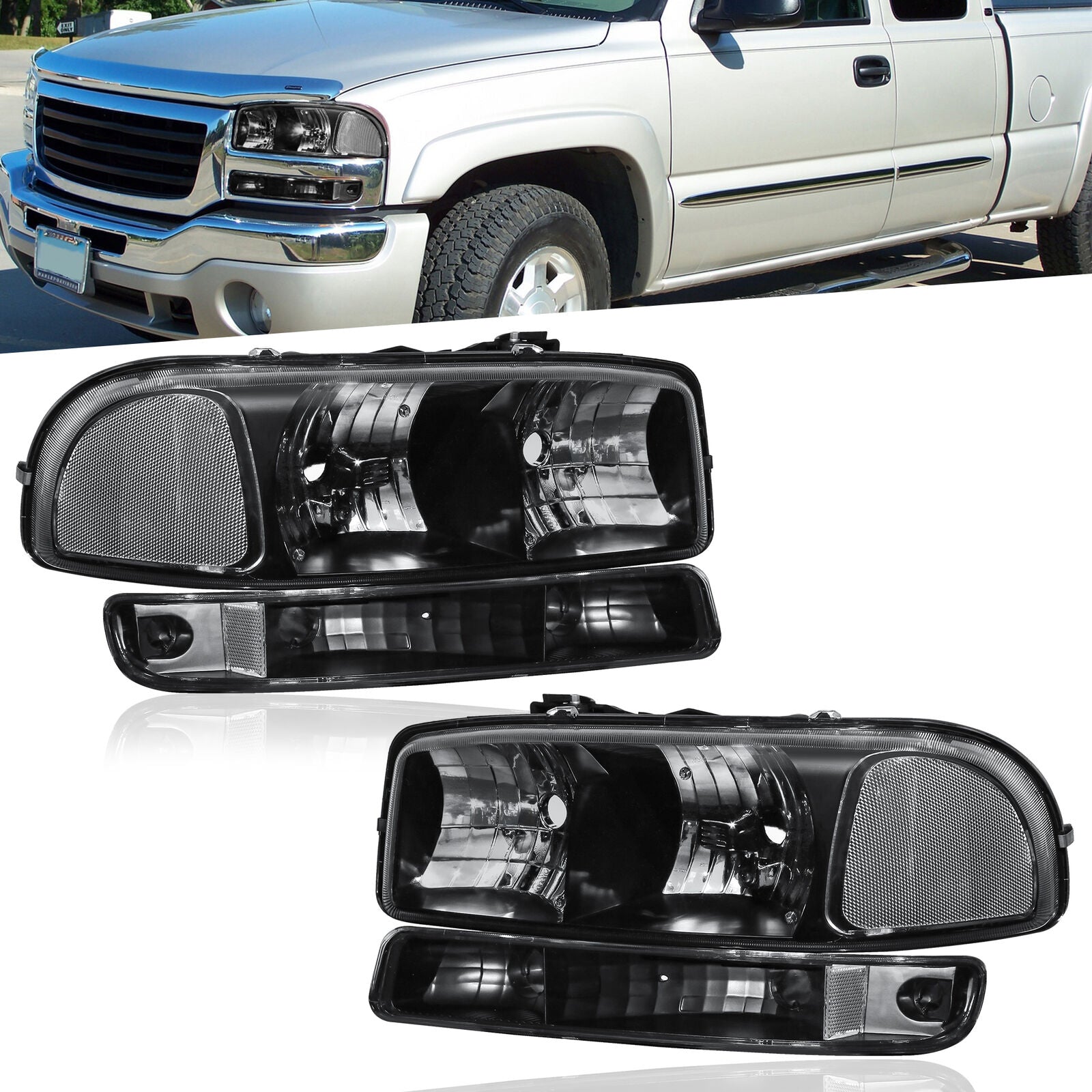 Headlight Assembly Compatible with 1999-2006 GMC Sierra 1500/2500/3500, 2000-2006 Yukon with Black Housing/Clear Lens/Clear Reflector