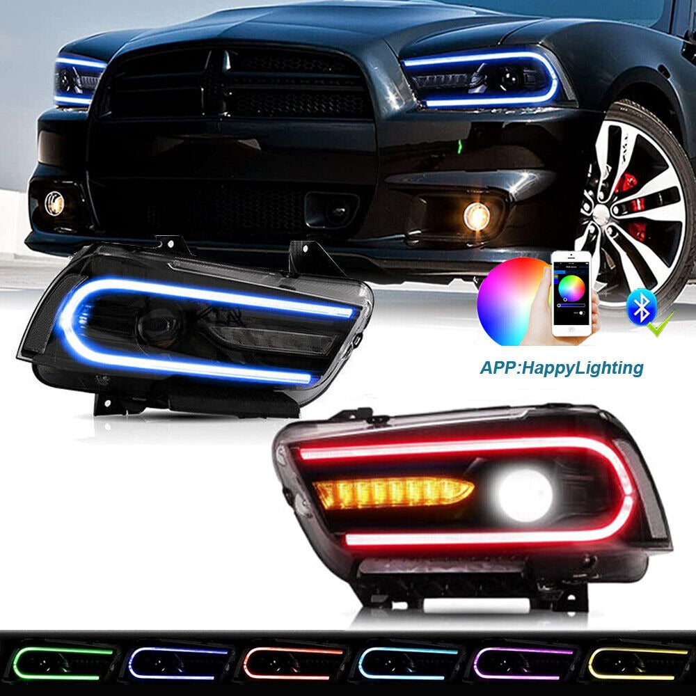 Black Housing RGB LED Projector Headlights For 2011-2014 Dodge Charger w/Sequential Signal Front Lamps 2pcs