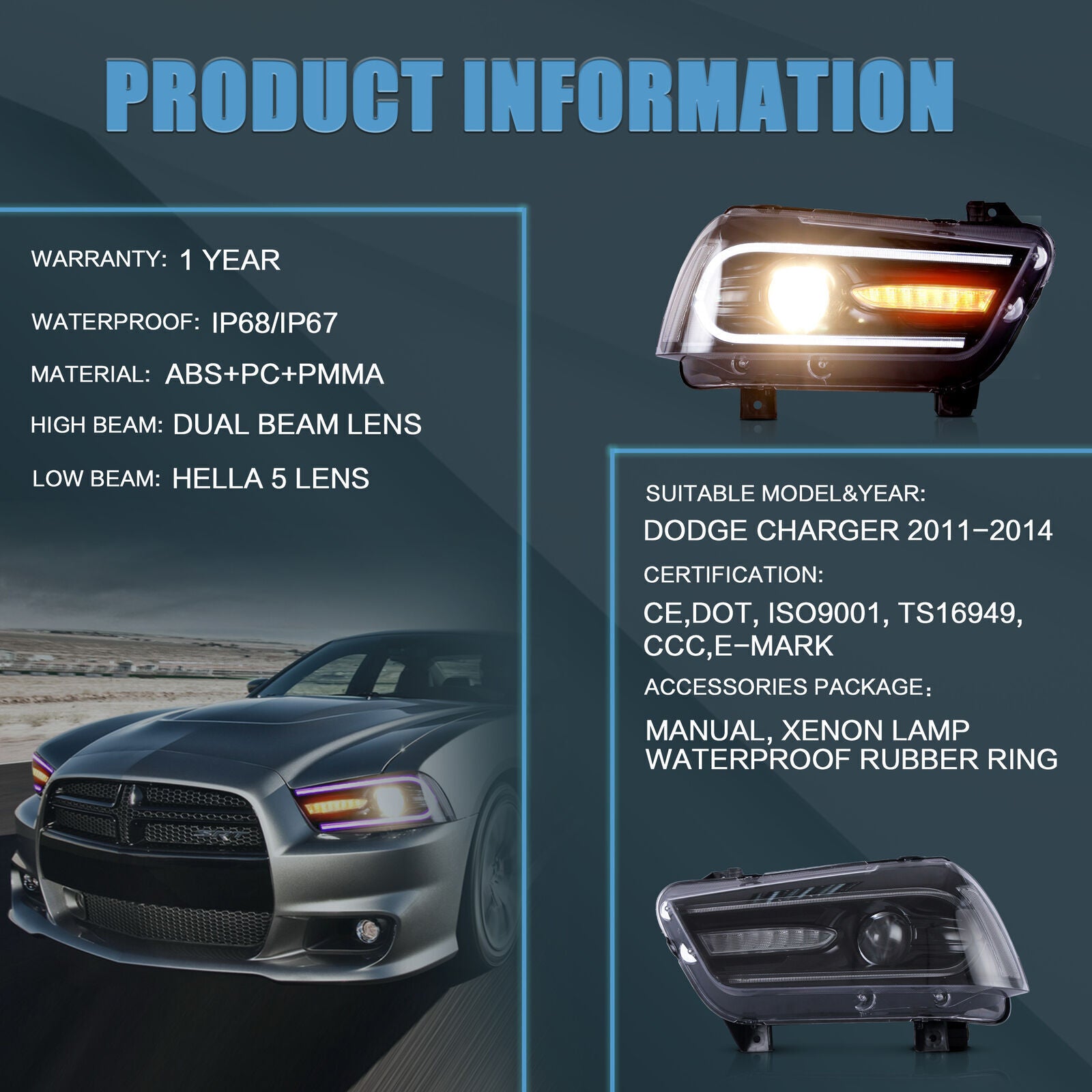 Black Housing RGB LED Projector Headlights For 2011-2014 Dodge Charger MOSTPLUS Black Housing RGB LED Projector Headlights For 2011-2014 Dodge Charger MOSTPLUS